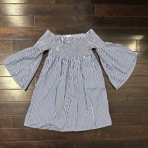 Zara Blue and White Off-Shoulder Dress
